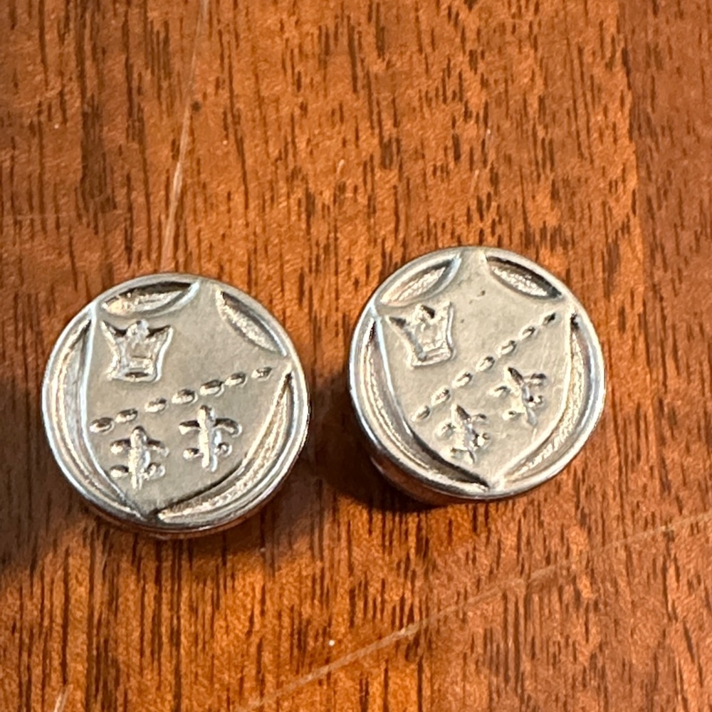 Two Vintage Large Silver Tone Tuxedo Studs/Crown & Fluer De Lis Crest Design